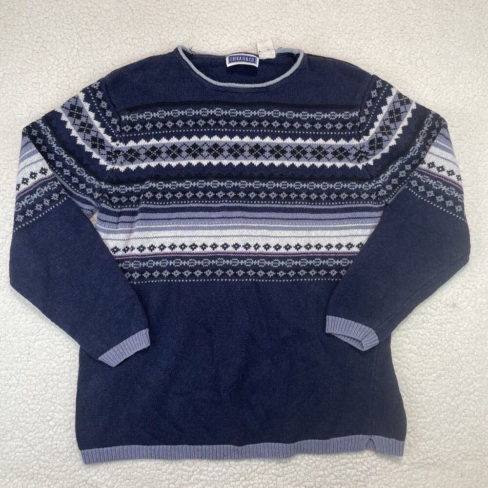 Vintage Erika II & Co Knit Sweater Womens Fair Isle Blue White Cotton 90s Large